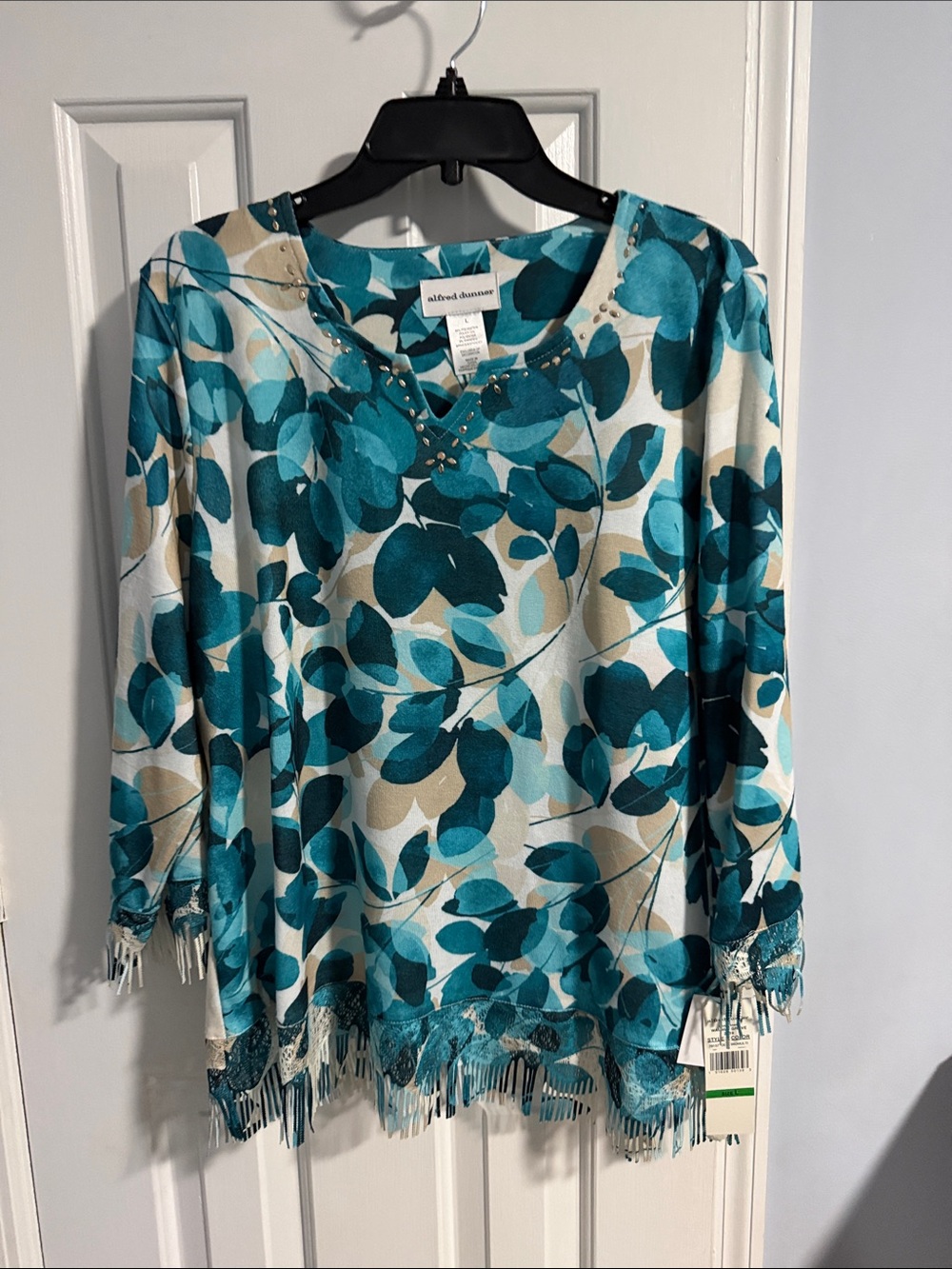 Alfred Dunner Teal and Cream Leaf-Print Fringe Hem Tunic NWT